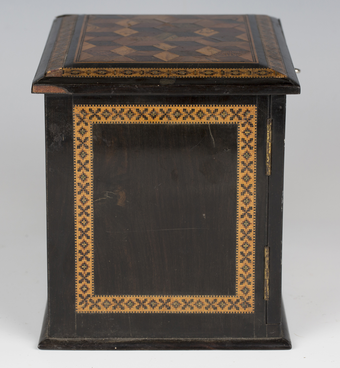 A Victorian Tunbridge ware table-top needlework cabinet, the top and two doors with specimen wood - Image 7 of 12