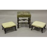 An early 20th century Queen Anne style walnut stool, the machined tapestry seat on finely carved