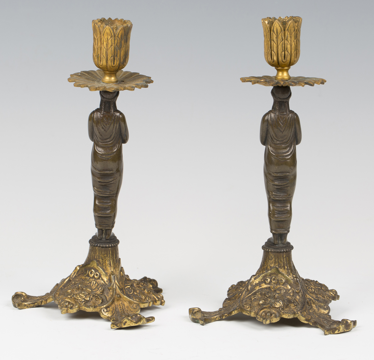 A pair of 19th century brown patinated and gilt bronze figural candlesticks, the classical female - Image 3 of 7