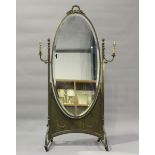 An early 20th century French Neoclassical Revival cast brass cheval mirror, fitted with a pair of