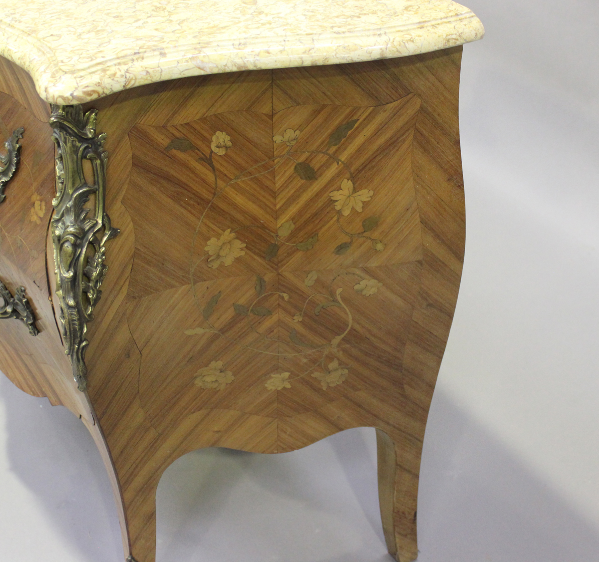 A 20th century French kingwood and foliate inlaid two-drawer bombé commode, the marble top above - Image 3 of 6