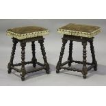 A pair of 19th century French walnut joint stools, each later padded seat raised on turned legs,