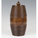 An early 19th century ring turned mahogany gunpowder keg of barrel form, the top with screw-fit