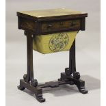 An early Victorian rosewood fold-over games/work table, the hinged top inset with baize above a