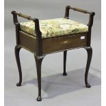 An Edwardian mahogany box seat piano stool, the frieze inlaid with a boxwood and mother-of-pearl