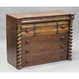 A late Victorian mahogany chest of drawers with barley twist pilasters, height 102cm, width 130cm,