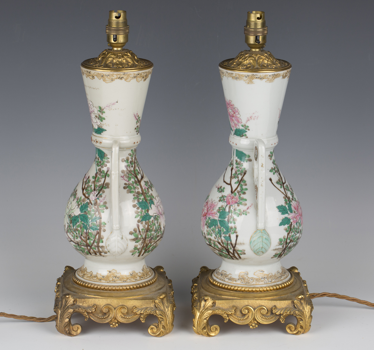 A pair of late 19th century Japanese export porcelain and ormolu mounted table lamps, the twin- - Image 3 of 7