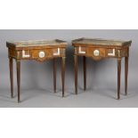 A pair of early 20th century French kingwood and gilt metal mounted fold-over card tables, each