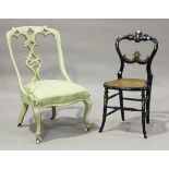 A late Victorian green and gilt painted salon slipper chair, height 86cm, width 53cm, together