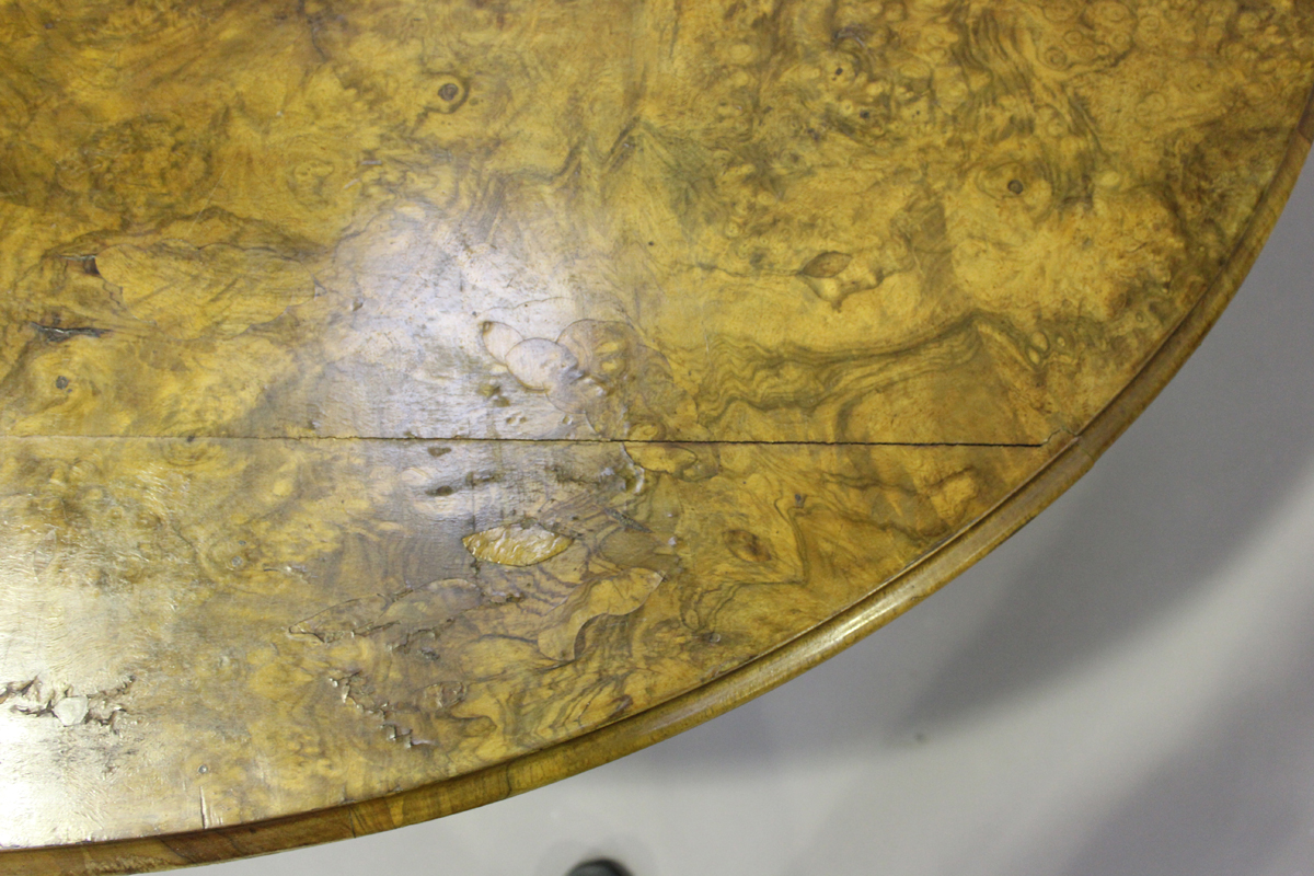 A late Victorian burr walnut oval tip-top breakfast table, raised on carved cabriole legs, height - Image 2 of 4