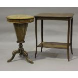 A late Victorian walnut octagonal work table, the hinged lid inlaid with a chessboard above a