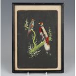 A late 19th/early 20th century feather picture, depicting two birds perched on a branch, 25cm x