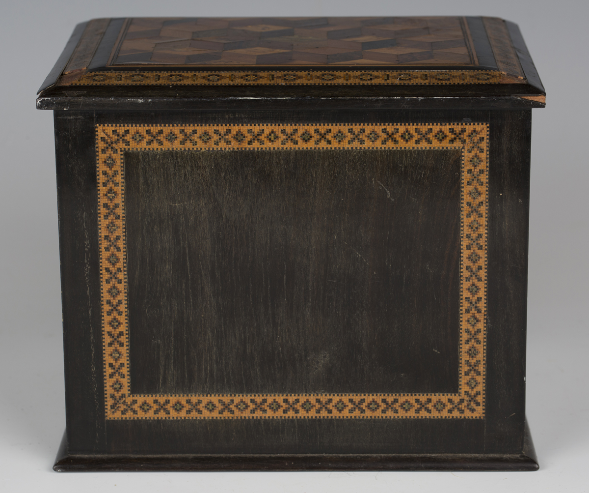 A Victorian Tunbridge ware table-top needlework cabinet, the top and two doors with specimen wood - Image 5 of 12