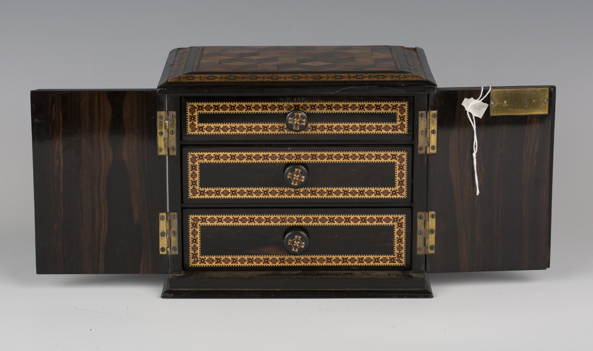 A Victorian Tunbridge ware table-top needlework cabinet, the top and two doors with specimen wood - Image 11 of 12