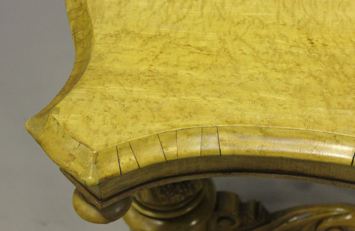 A mid-Victorian birds' eye maple and satin walnut centre table, the serpentine top above a pair of - Image 7 of 8