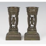 A pair of 19th century Neoclassical Revival patinated bronze spill vases, of classical brazier form,