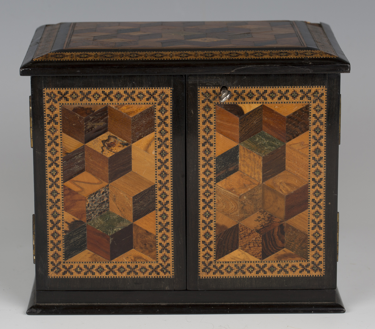A Victorian Tunbridge ware table-top needlework cabinet, the top and two doors with specimen wood - Image 12 of 12