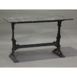 A late 19th century grey painted cast iron garden table with a veined grey marble top, height