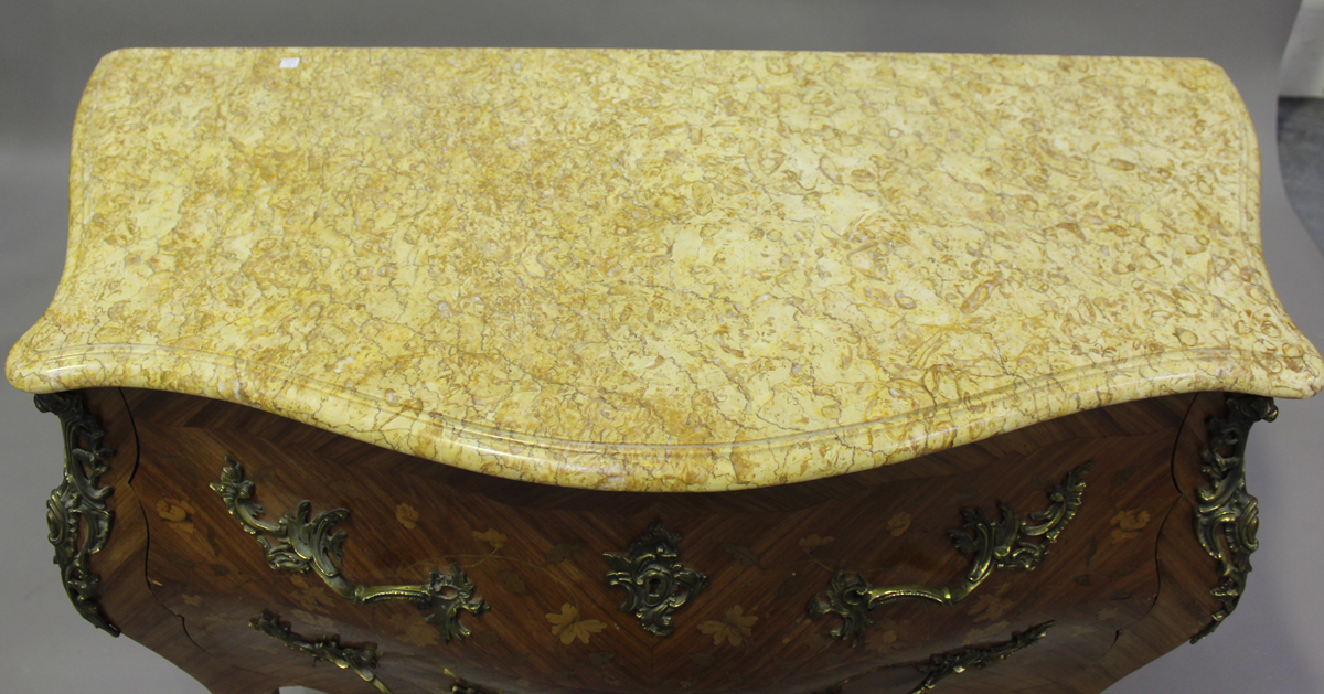 A 20th century French kingwood and foliate inlaid two-drawer bombé commode, the marble top above - Image 5 of 6