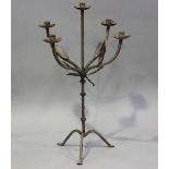 A 20th century wrought iron five light candelabrum, height 73cm, together with a wrought iron