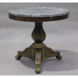 A mid-19th century French mahogany centre table, the moulded circular grey marble top above an