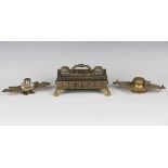 A mid-19th century red stained tortoiseshell and brass boulle work inkstand, fitted with a pair of