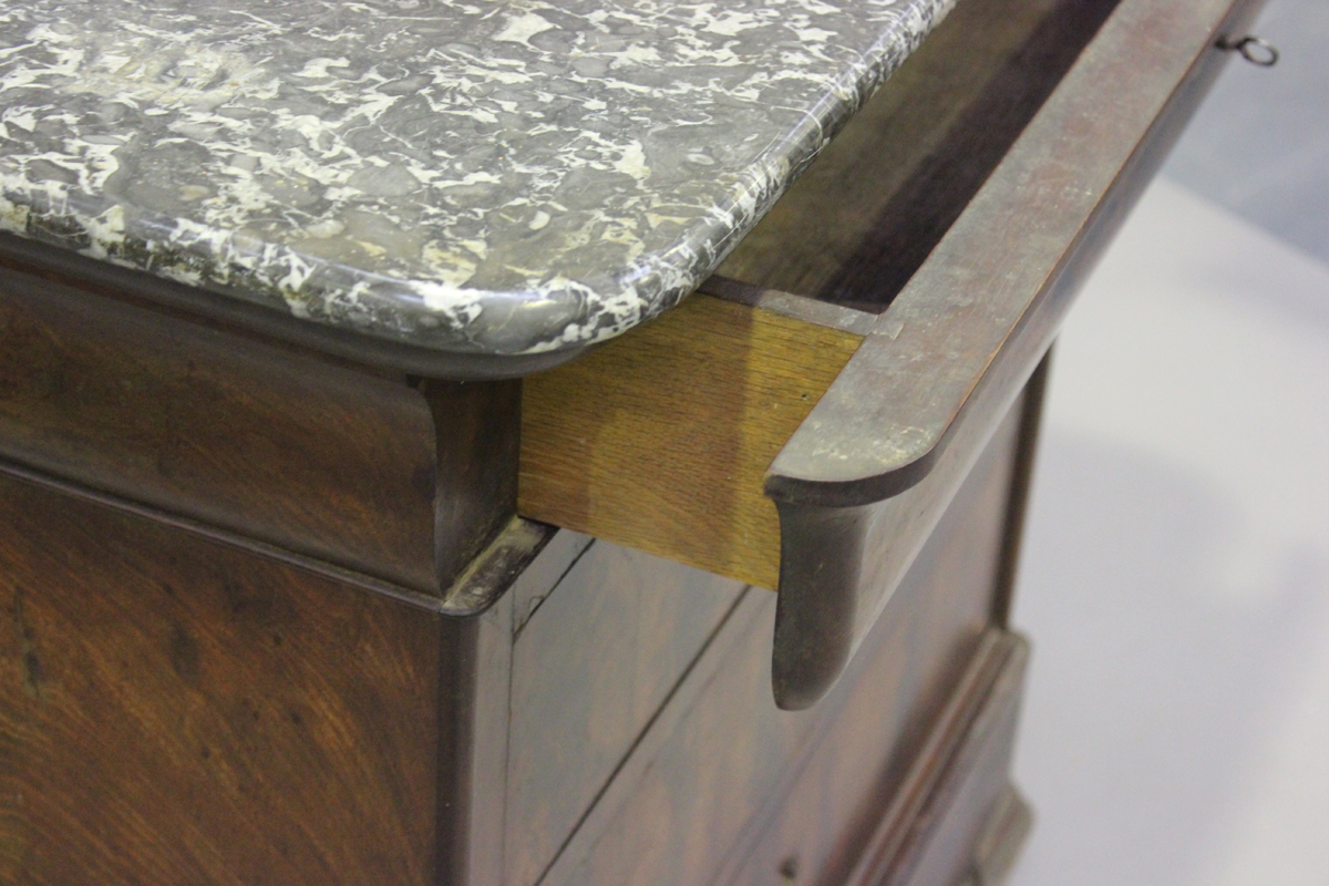 A French Louis Philippe figured mahogany four-drawer commode, the grey marble top above oak-lined - Image 4 of 6