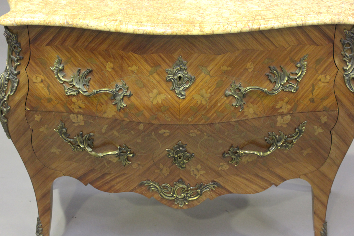 A 20th century French kingwood and foliate inlaid two-drawer bombé commode, the marble top above - Image 6 of 6