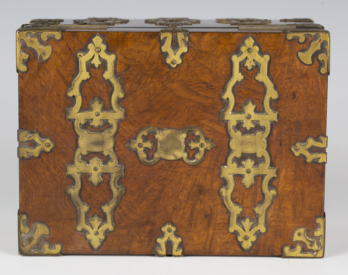 A Victorian Gothic Revival pollard oak and brass mounted jewellery casket, the hinged lid - Image 7 of 8