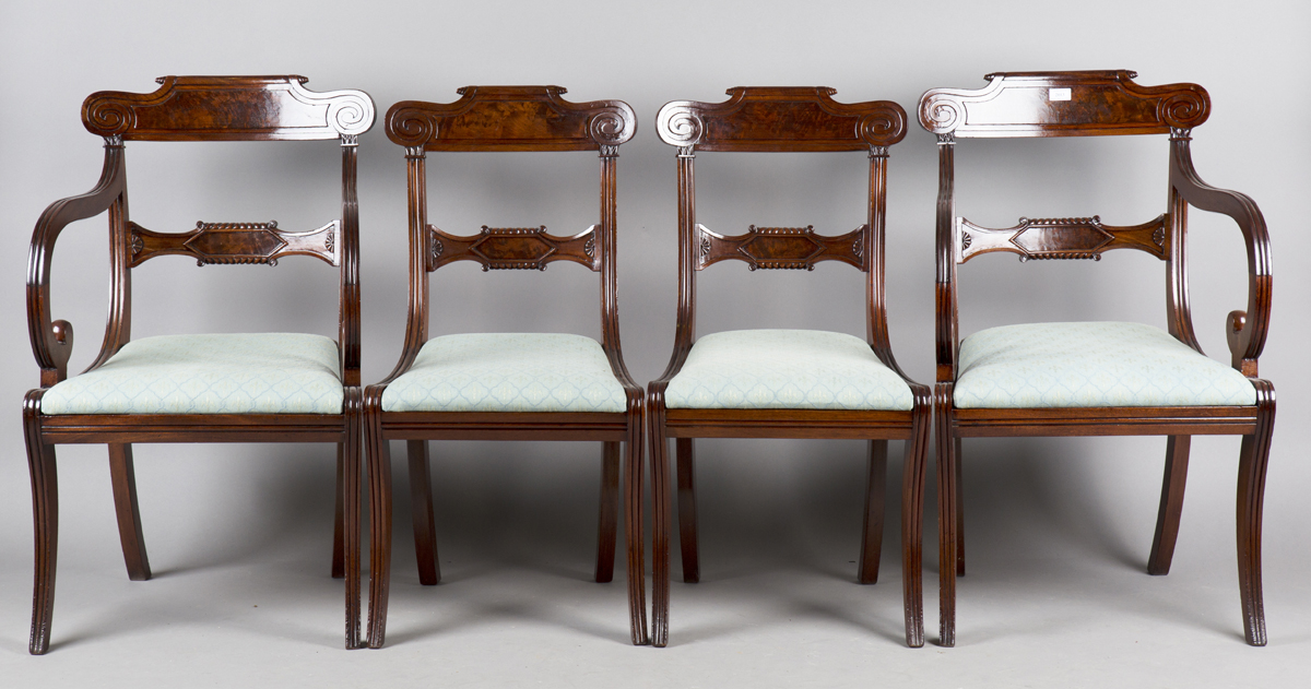 A set of eight Regency figured mahogany bar back dining chairs with carved scroll decoration and - Image 8 of 8