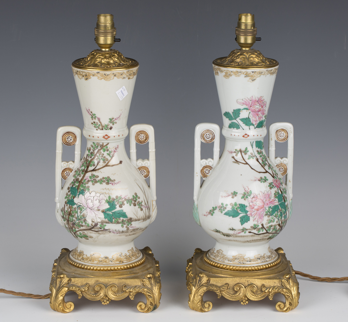 A pair of late 19th century Japanese export porcelain and ormolu mounted table lamps, the twin- - Image 5 of 7