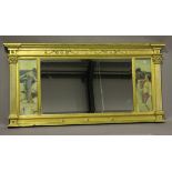 A modern Neoclassical style gilt composition overmantel mirror, the central bevelled glass flanked
