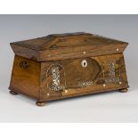 A Regency rosewood and mother of pearl inlaid sarcophagus work box, raised on disc feet, height