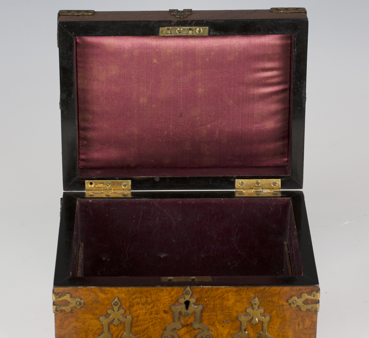 A Victorian Gothic Revival pollard oak and brass mounted jewellery casket, the hinged lid - Image 2 of 8
