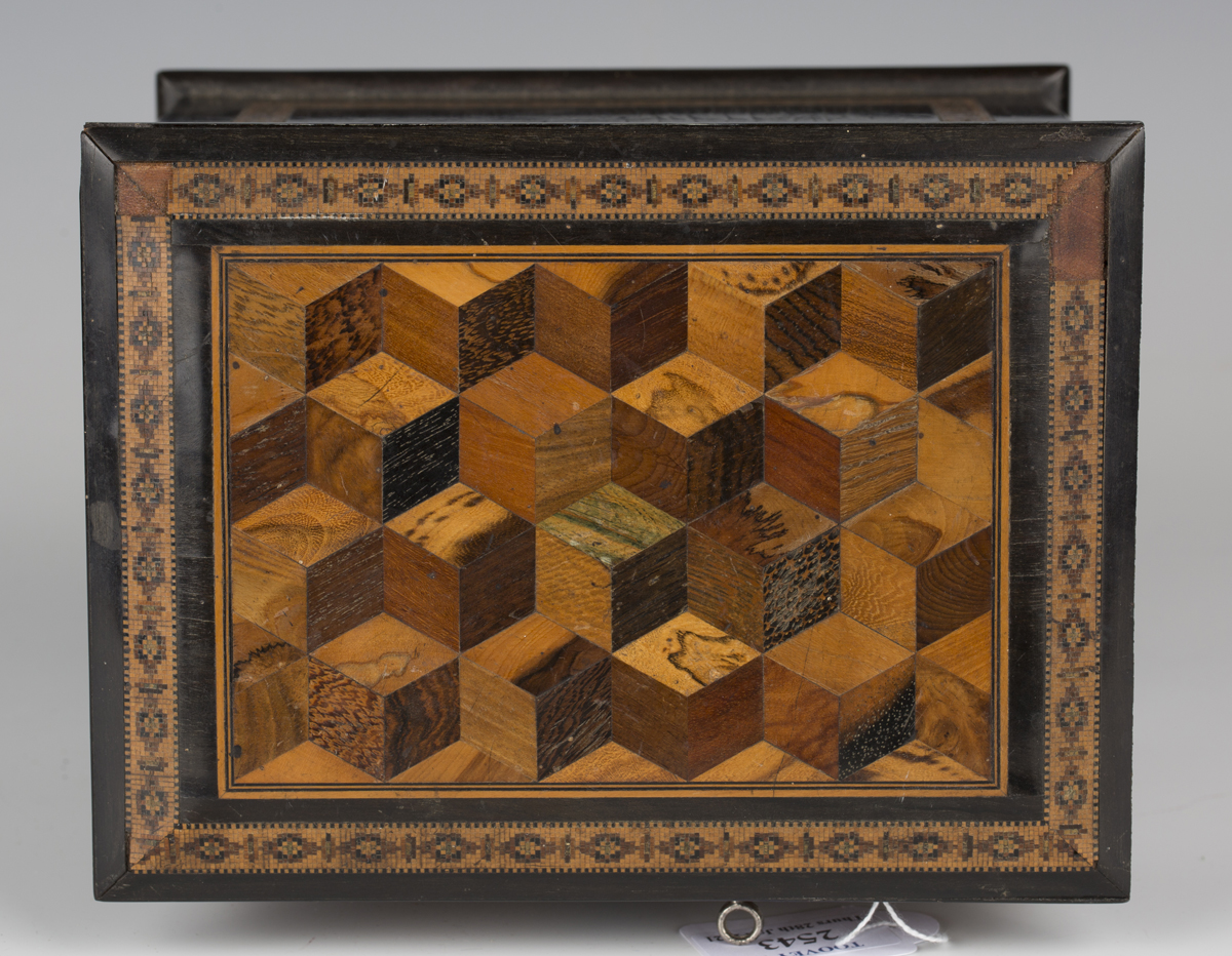 A Victorian Tunbridge ware table-top needlework cabinet, the top and two doors with specimen wood - Image 10 of 12