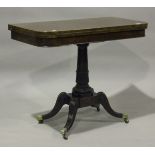 A George III mahogany rectangular card table, the turned column with carved tulip cusp terminal,