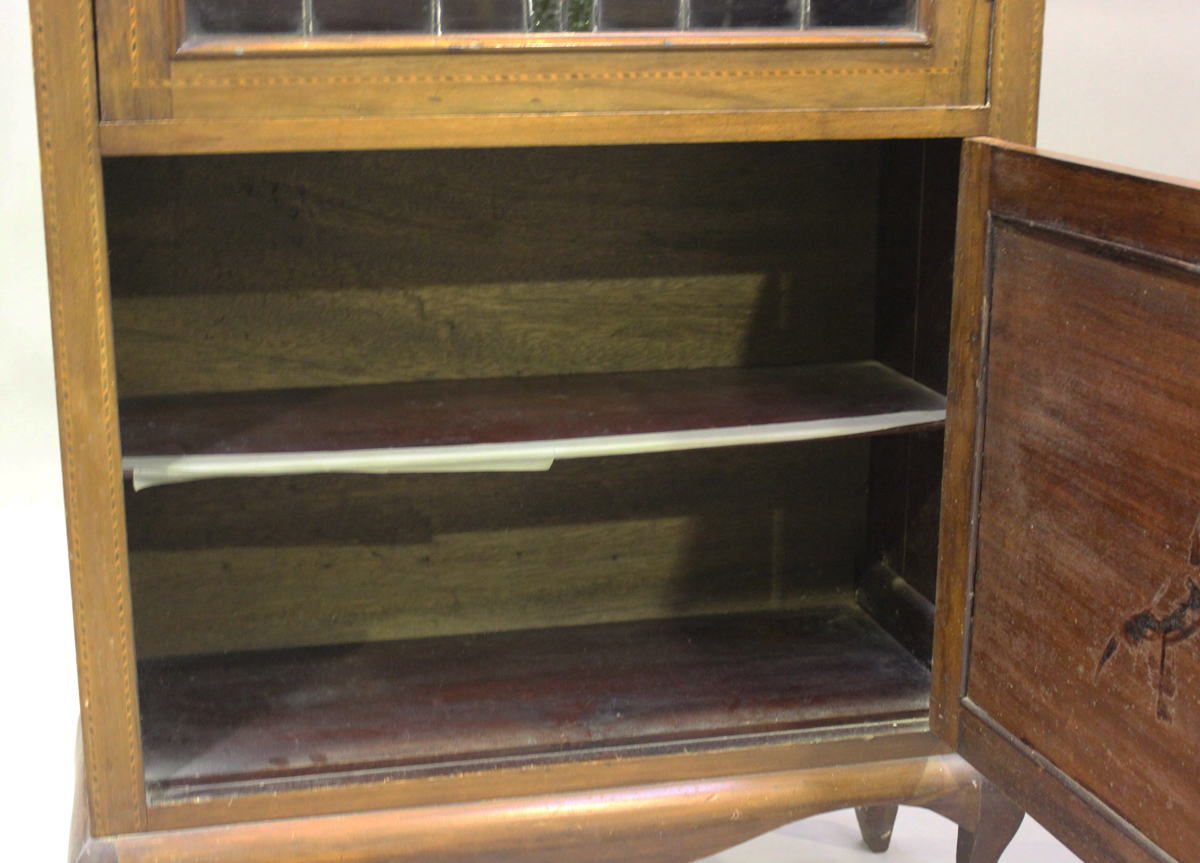 An Edwardian Art Nouveau mahogany display cabinet with overall chequer stringing, the stained and - Image 3 of 6