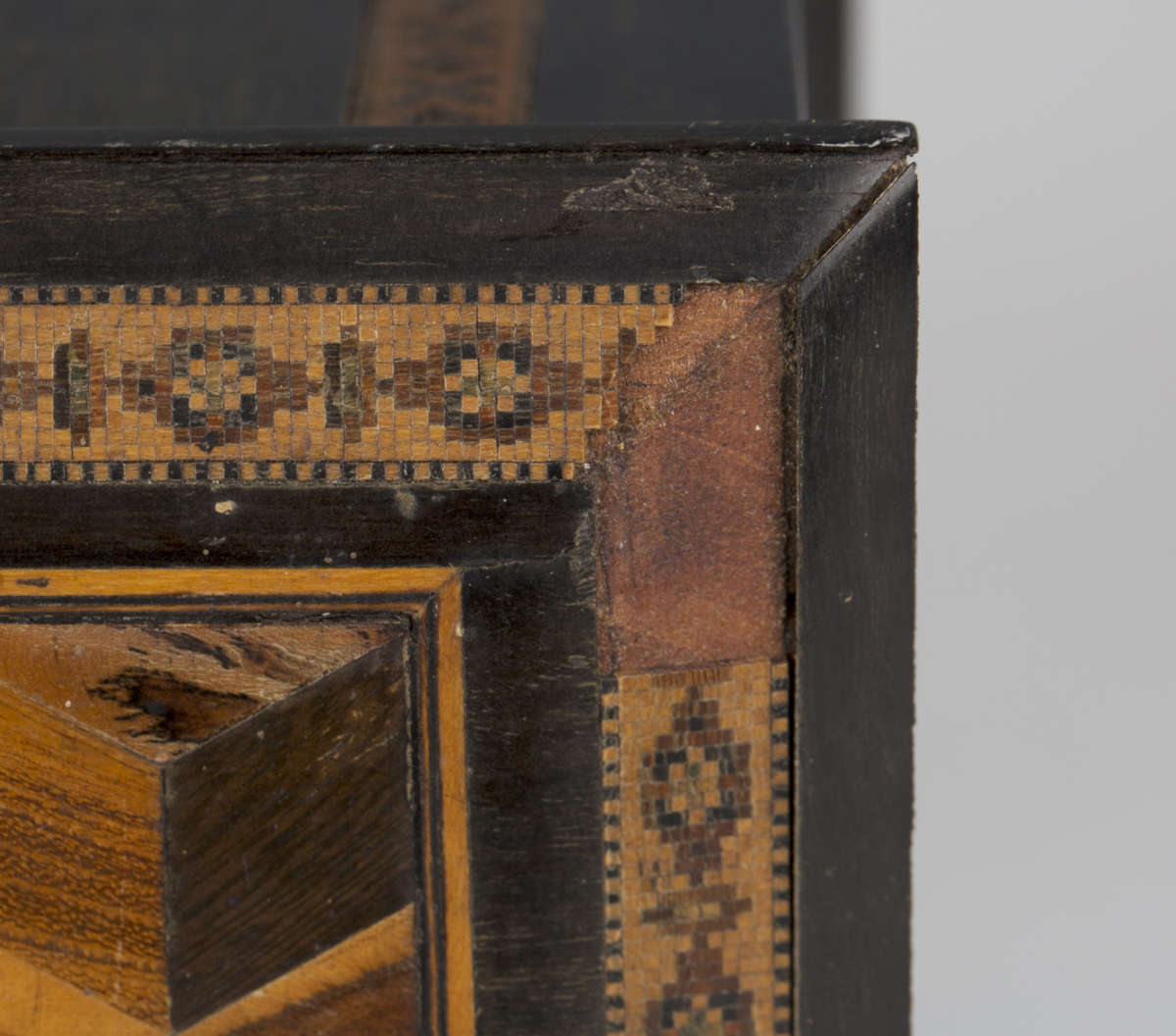 A Victorian Tunbridge ware table-top needlework cabinet, the top and two doors with specimen wood - Image 9 of 12