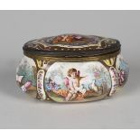 A late 18th century Viennese enamel snuff box of bombé form, painted with overall scenes of Cupid