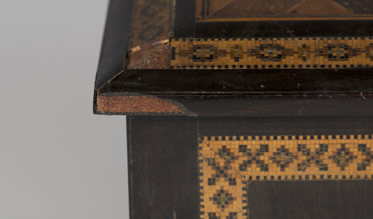 A Victorian Tunbridge ware table-top needlework cabinet, the top and two doors with specimen wood - Image 6 of 12