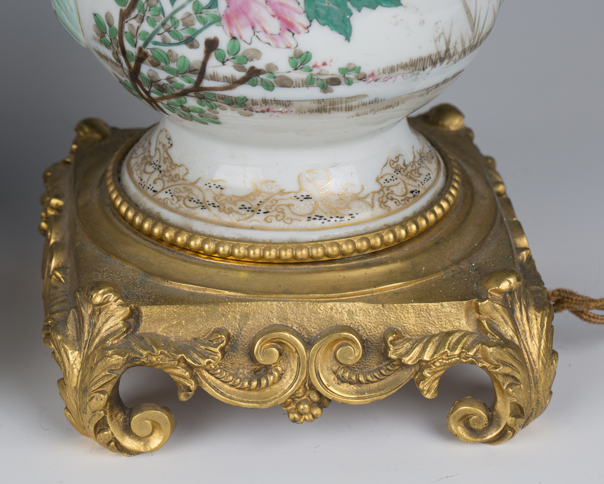 A pair of late 19th century Japanese export porcelain and ormolu mounted table lamps, the twin- - Image 6 of 7
