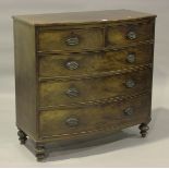 An early Victorian mahogany bowfront chest of drawers, on turned legs, height 105cm, width 106cm,
