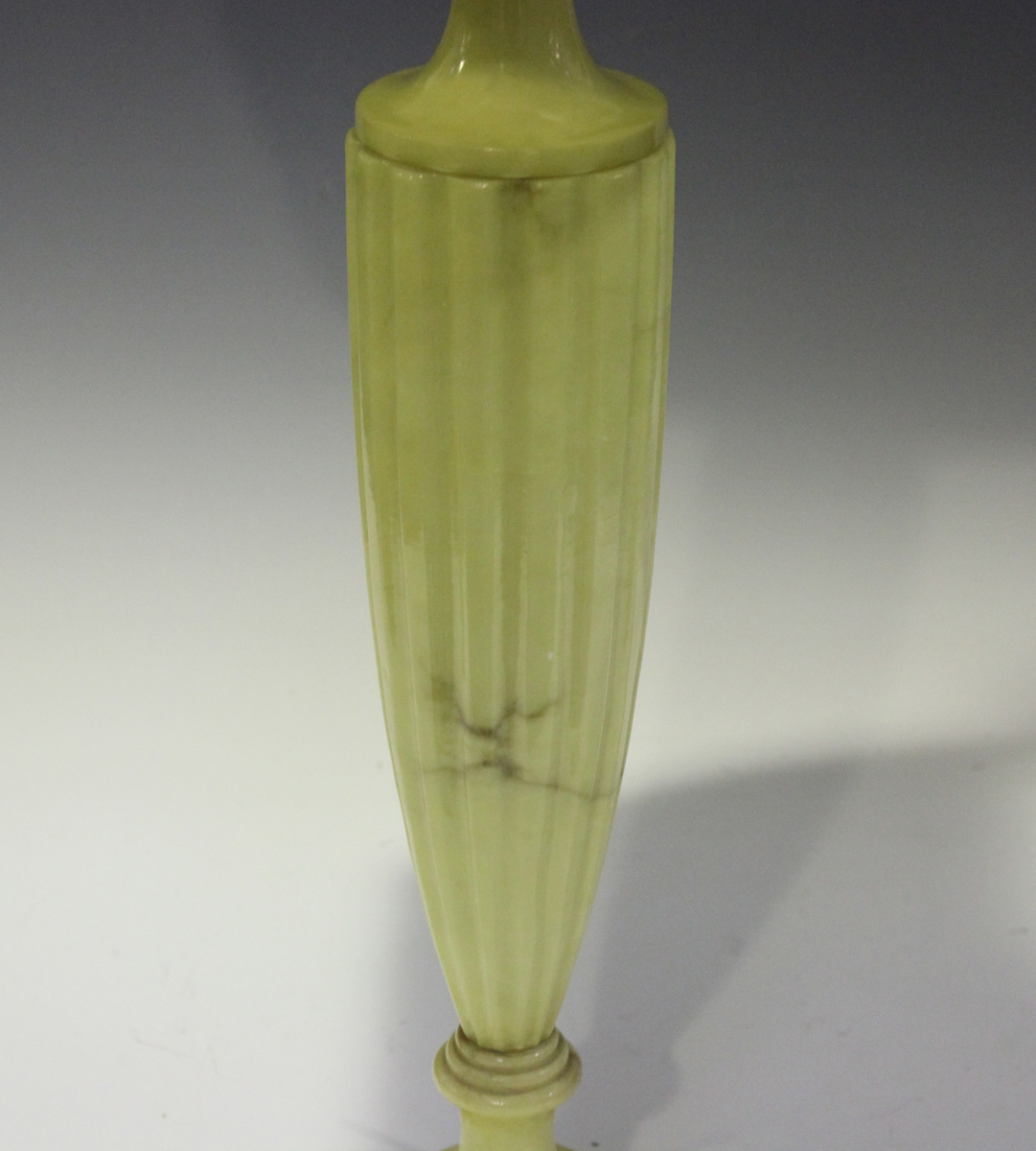 A 20th century alabaster table lamp of slender urn form, height 60cm, together with shade.Buyer’s - Image 3 of 4