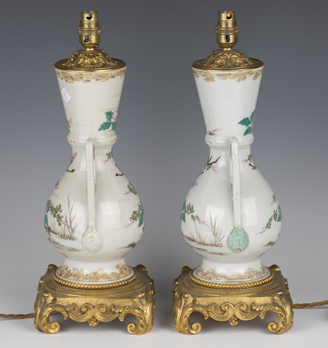 A pair of late 19th century Japanese export porcelain and ormolu mounted table lamps, the twin- - Image 2 of 7