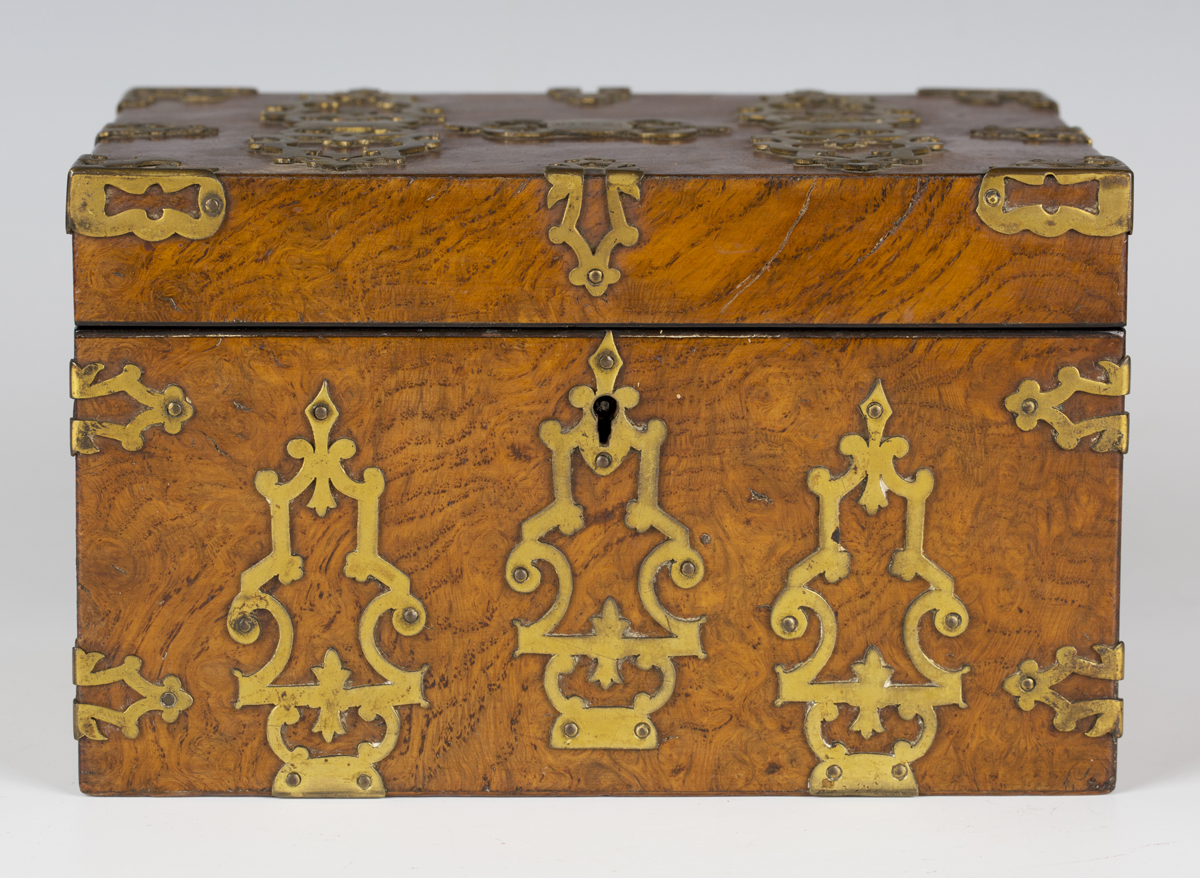 A Victorian Gothic Revival pollard oak and brass mounted jewellery casket, the hinged lid - Image 8 of 8
