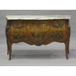 A 20th century French kingwood and foliate inlaid two-drawer bombé commode, the marble top above