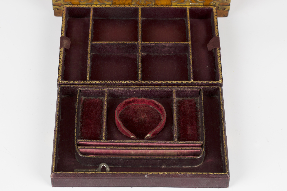 A Victorian Gothic Revival pollard oak and brass mounted jewellery casket, the hinged lid - Image 3 of 8