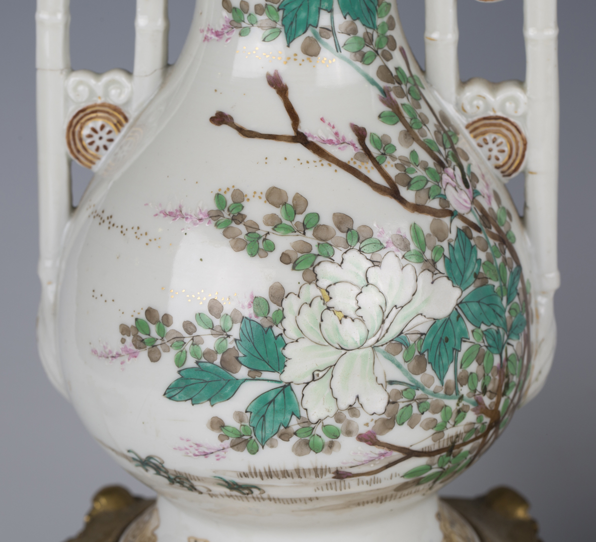 A pair of late 19th century Japanese export porcelain and ormolu mounted table lamps, the twin- - Image 7 of 7