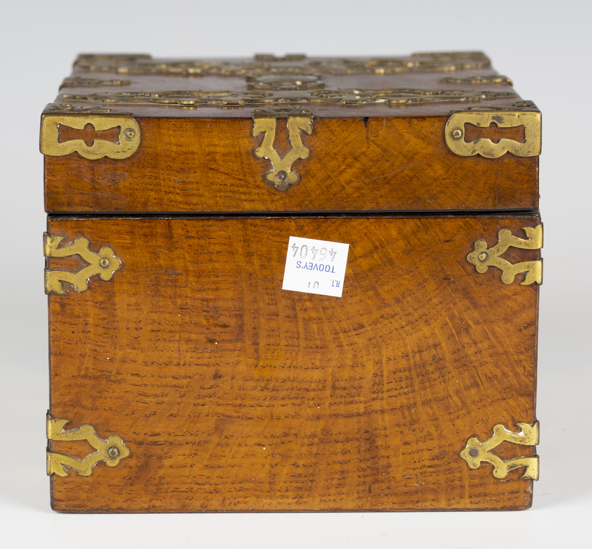 A Victorian Gothic Revival pollard oak and brass mounted jewellery casket, the hinged lid - Image 4 of 8