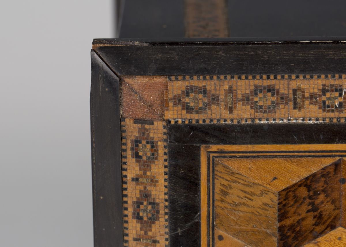 A Victorian Tunbridge ware table-top needlework cabinet, the top and two doors with specimen wood - Image 8 of 12